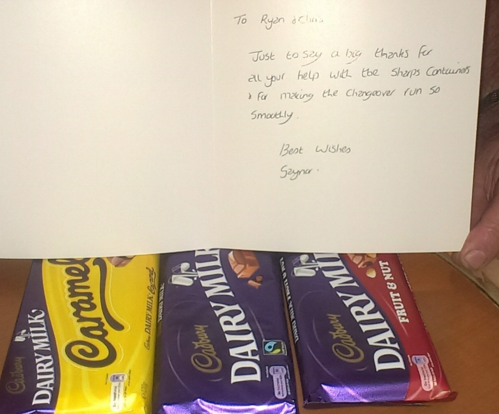 A tasy thank you card received from the Noble Hospital team (gladly received and eaten!)