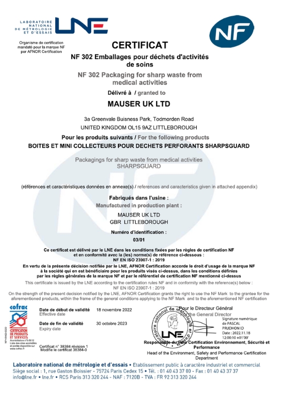 LNE NF302 Packaging for Sharps Certificate