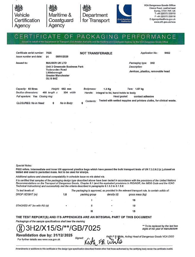 Certificate of Packaging Performance for UN3549